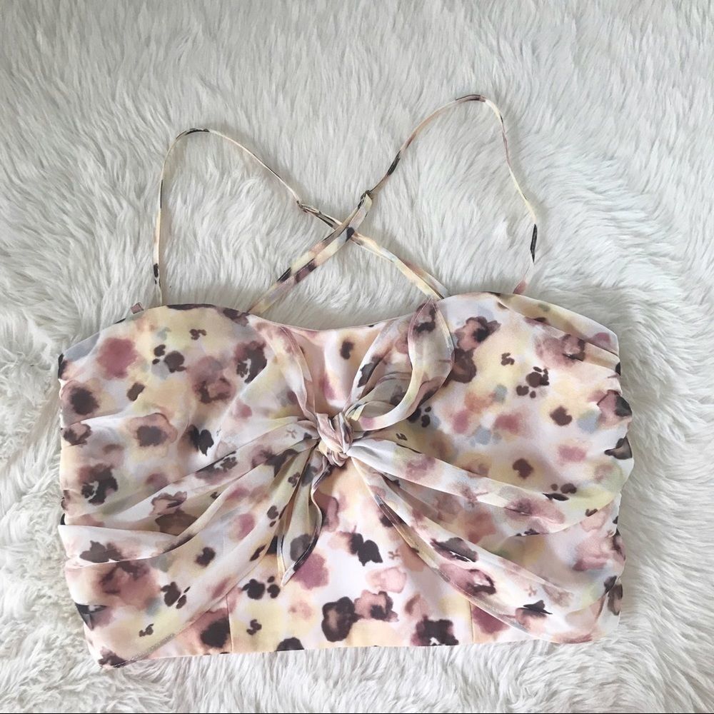 GIANNI BINI Floral Chiffon Spaghetti Strap Crop Top Tank Tie Front Cream XS